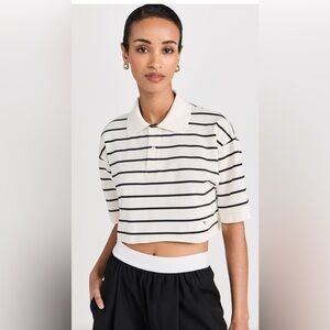 Homme Girls Pique Polo Shirt Cropped Striped Black White Size XS Cotton Preppy